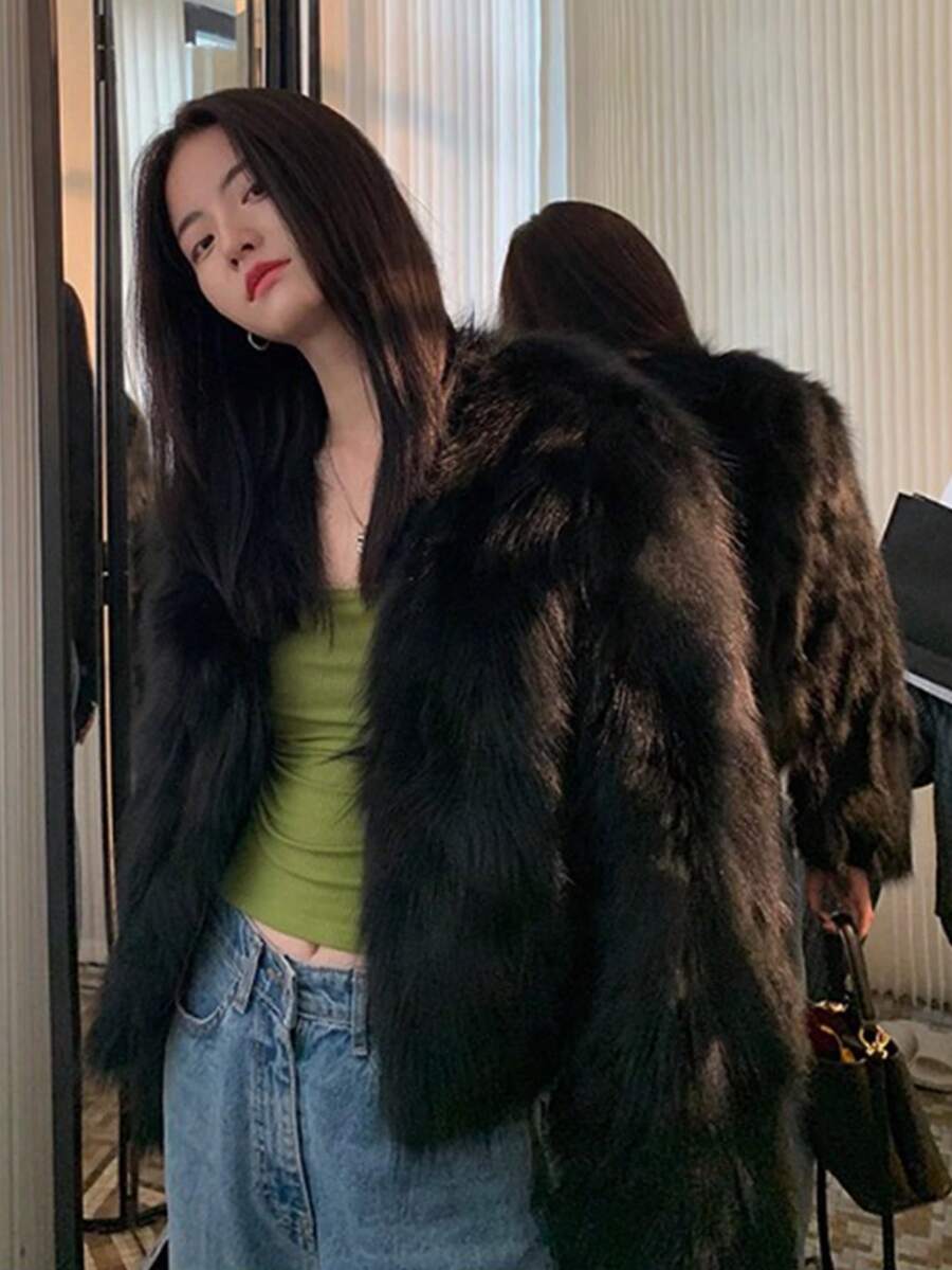 女士新款仿皮草V领外套，简约毛绒夹克，秋冬款 - 黑色 - 查看 1