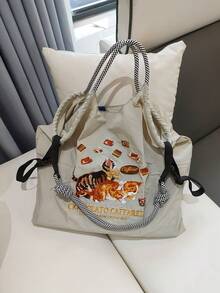 1pc New Fashion Embroidered Cute Cat Pattern Lightweight Nylon Large Capacity Tote Bag, Suitable For Party, Travel, Shopping And Beach, Shoulder & Crossbody