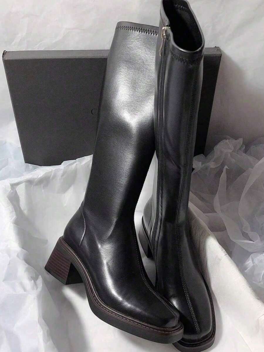 New Autumn/Winter Brown Over-The-Knee Chunky Heel Slim Boots, Classic Black Mid-Calf Riding Boots, Fashion Tall Boots For Women,Party,New Autumn/Winter Brown Over-The-Knee Chunky Heel Slim Boots, Classic Black Mid-Calf Riding Boots, Fashion Tall Boots For Women,Party - màu đen - Xem 1