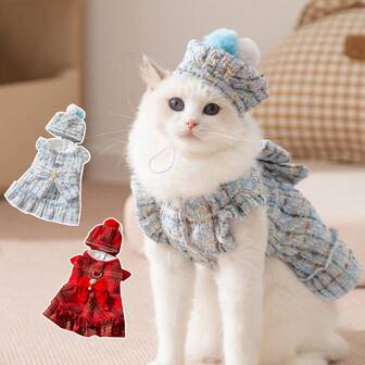 宠物秋冬蝴蝶结连帽连衣裙套装，带牵引绳保暖抓绒连帽连衣裙套装，宠物圣诞节、新年服装，适合小型/中型犬猫