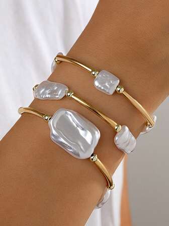 3 قطع مجموعة أساور باروك فرنسية مزينة باللؤلؤ مرنة، مجوهرات للنساء للارتداء اليومي، هدية مثالية للأصدقاء