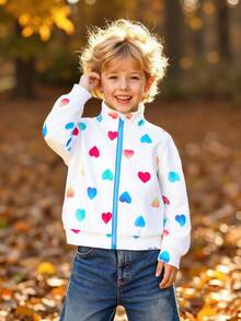 Boys' Gradient Heart Print Casual Jacket, Fashionable Outerwear For Outdoor Play, Autumn/Winter