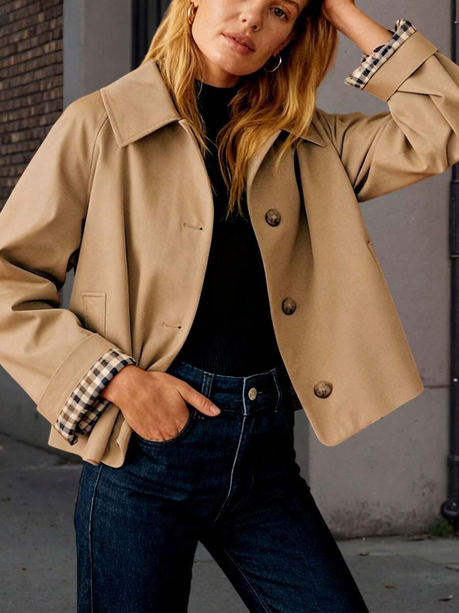 Womens Cropped Trench Coat Lightweight Single Breasted Jacket Fall Windbreaker Fashion Outerwear - Màu Khaki - Xem 1
