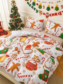 2/3pcs Christmas Pink Tree Santa Claus Snowflake Gingerbread Pattern Duvet Cover Bedding Set, Soft Breathable, Wrinkle-Resistant, Better Sleep,Gift For Parents Friends, Includes 1 Duvet Cover + 1/2 Pillowcases Dorm Bedding - White - View 5