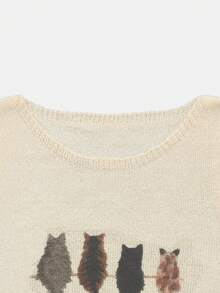 Damen Ärmellose Pullover Weste mit Katzen Muster, Lässiger Rundhals Strick Tank Top, Mode Damen Tägliche Strickwaren - Aprikosenfarben - Übersicht 5