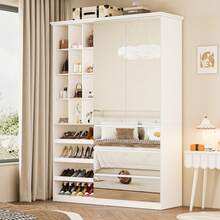 Bvldfamly Wardrobe Closet With All Mirror Doors & Drawers, Modern Wooden Bedroom Armoires With Hanging Rod & Open Shelves, Clothes Storage Cabinet For Bedroom, White - 白色 - 查看 2