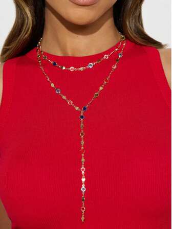 1件时尚彩色玻璃Y形长项链，女士金属锁骨链，夏季假日派对身体饰品