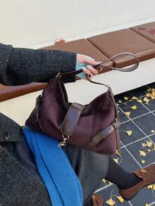 1 Pc Retro Matte Imitation Suede PU Handbag, Simple Solid Color Women's Handbag, Adjustable Shoulder Strap With Knotted Rope, Casual Shoulder Bag, New Model Suitable For Many Scenes - Coffee - View 5