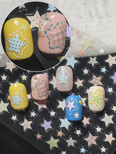 A Cute And Playful Nail Sticker With Embossed Laser Technology, Featuring Retro Textured Stars With Grid Patterns, Polka Dots, And Other Elements, Suitable For Personal DIY And Nail Salon Use