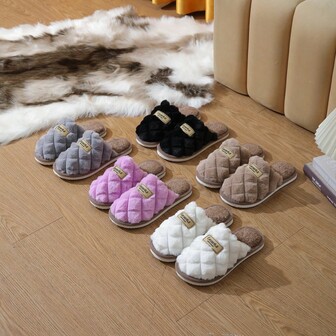 Retro Corduroy Couple Slippers, Solid Color Plaid Element, Suitable For Indoor And Outdoor Wear