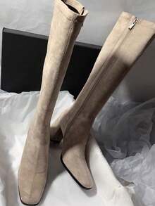 秋冬季方头粗跟侧拉链超高跟麂皮极简风过膝长靴（女款）