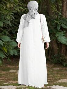女款大尺碼黑色阿拉伯長裙，長袖圓領，標準版型，保守風口袋式阿巴雅，白色 - 白色 - 查看 3