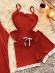 Women's 3-Piece Trio Pajama Set: Tank Top, Shorts, And Pants. Comfortable Ribbed Fabric. - Red - View 2