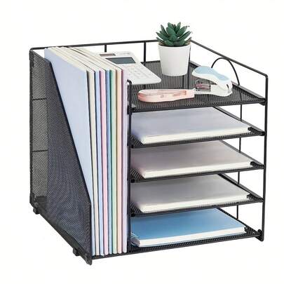 Supporto per documenti da scrivania: sistema organizzativo a 5 ripiani con scomparti verticali, maniglia e suddivisioni per un facile accesso - resistente alla ruggine (vernice ad alta temperatura) e durevole - perfetto per ufficio, casa office e forniture scolastiche