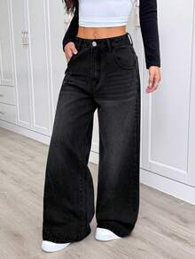 Women's Fashion Vintage Washed Black Jeans Minimalist Straight-Leg Loose Wide-Leg Long Denim Pants Non-Stretch Comfortable Daily Wear & Fall Outfits - Black - View 2