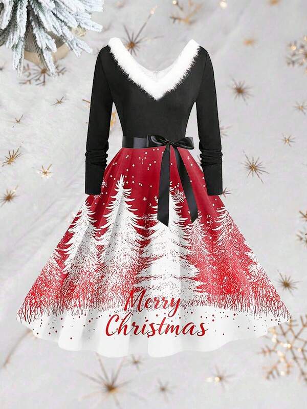 Vintage Weihnachtsbaum & Schneeflocken Muster Fellkragen Hohe Taille Patchwork Langarm Glockenkleid mit Schleife