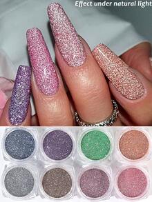 8/6/4pcs Reflective Nail Powder, Gold, Silver, Pink, Glitter In The Dark, Holographic Nail Design, Y2K Party, Cute And Charming Nail Decoration, DIY Nail Salon Nail Supplies - Multicolor - View 3