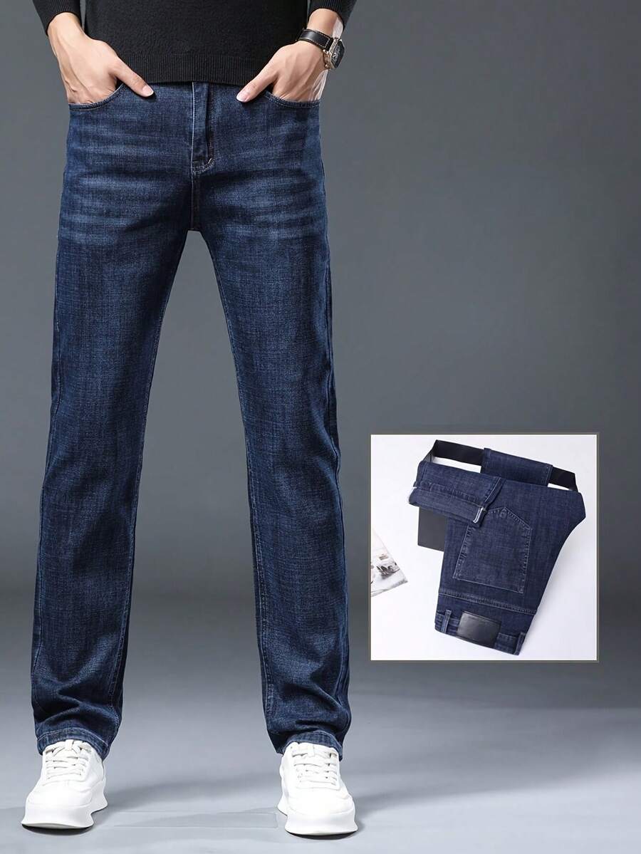 Men's Wash Denim Jeans - Medium Stretch Solid Color All-Season Casual Streetwear, Minimalist Washed Jeans With Straight  Tint For Casual Attire, Versatile Light Wash Jeans For Men (Hand Washable) .Christmas Gifts For Husband Vaqueros Para Hombre - (32L) Kiểu dáng cạp cao màu xanh navy - Xem 1