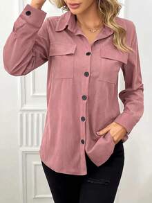 Pink Corduroy Women's Button Front Utility Pocket Casual Fitted Long Sleeve Shirt - Versatile For Daily Commute & Casual Date Outfits - Pink - View 4