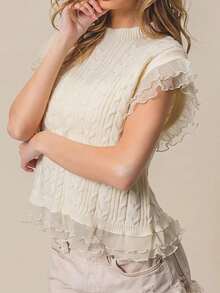 Womens Fall Winter Knit Sweater Vest Casual Stylish Solid Color Ruffled Trim Crew Neck Sleeveless Knitted Tank Tops - 白色 - 查看 3