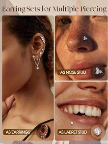 17Pcs 16G/18G/20G Threadless Flat Back Earrings 316L Surgical Steel Cartilage Earring Stacks Flatback Push In Nose Rings Studs Hypoallergenic Tragus Helix Conch Labret Medusa Piercing Jewelry - 款式1-銀色 - 查看 3
