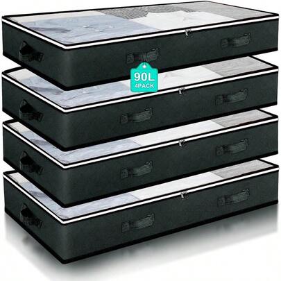 90L Underbed Storage Containers 4 Pack Foldable Under Bed Storage Box Reinforced Handle Underbed Bags For Blankets Clothing Towels Comforter Sweaters Pillows Sheets Black