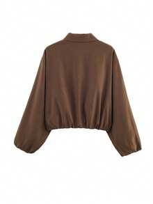 女士棕色拉链口袋夹克 - 休闲宽松翻领外套，适合春秋季穿着 - 棕色 - 查看 3