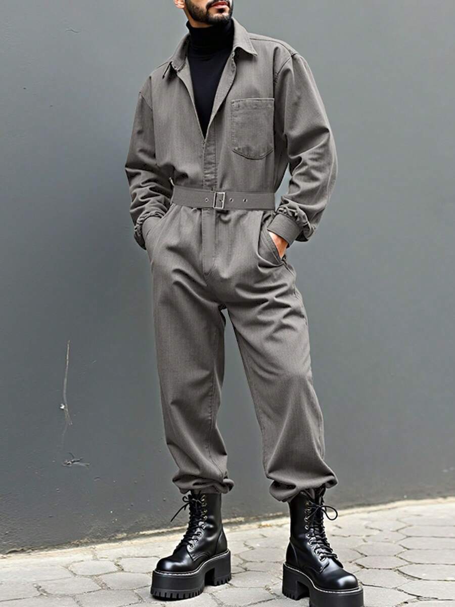 INCERUN Monos largos casuales de una sola pieza con botones, cuello de solapa, manga larga y bolsillos tipo cargo para hombres - Gris - Ver 1