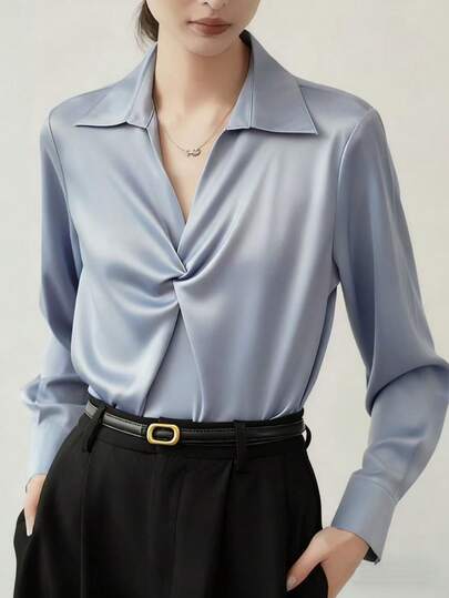 Women's Blue V-Neck Satin Blouse, Professional Shirt For Work Commute, Elegant Solid Color Button Pocket Twist Shirt For Office
