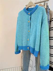 ii Áo len cardigan dệt kim tay dài cổ tròn trễ vai màu tương phản thường ngày dành cho nữ, mùa thu/đông - Màu xanh lam - Xem 4