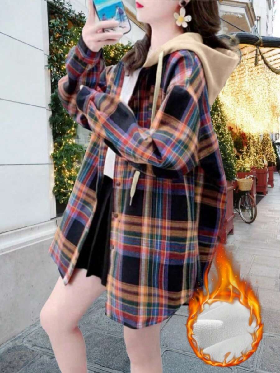 Women's Plaid Casual Shirt Jacket,Plaid Print Cardigan Jacket,Thick Lining,Women's Vintage Style Checkered Drawstring Hoodie Casual Shacket, Autumn/Winter Fall Cloth For Women,Daily Casual Wear Women Shirt