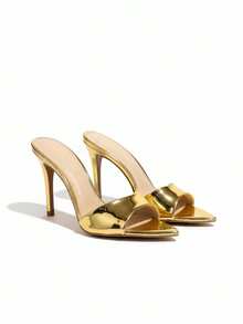 Sandália feminina tamanco feminino salto fino bico fino  Casual    Brilhante    Primavera Verão - Dourado - Visão 9