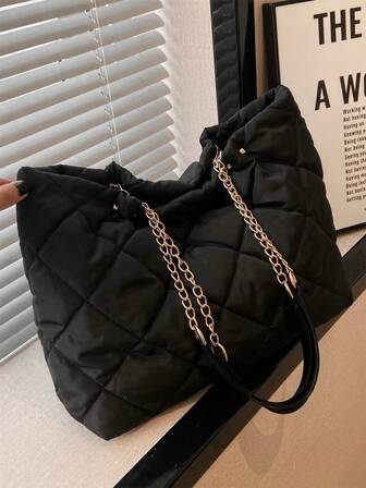 Lightweight,Business Casual Quilted Detail Chain Shoulder Tote Bag For Teen Girls Women College Students,Rookies & White-Collar Workers Perfect For Office,College,Work ,Business,Commute,Outdoors, Travel, Outings, Literary School Bag & Bookbag For Women Or Students, Perfect For Books, Shopping, Back To School And More