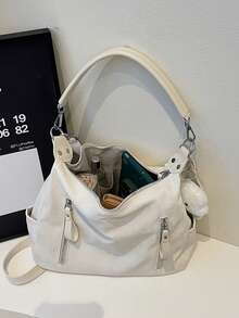 This Stylish And Minimalist Shoulder Bag Is Made Of PU Fabric And Features A Vertical Zipper And Decorative Charm. Its Fashionable And Simple Design Makes It Perfect For College Students, Commuters, Women, And Shopping Occasions. - Beige - View 3