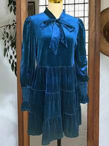 Women's Elegant Blue Loose V-Neck Bowknot Detail Long Sleeve Mid-Length Dress, Velvet Material, Suitable For Party Or Date