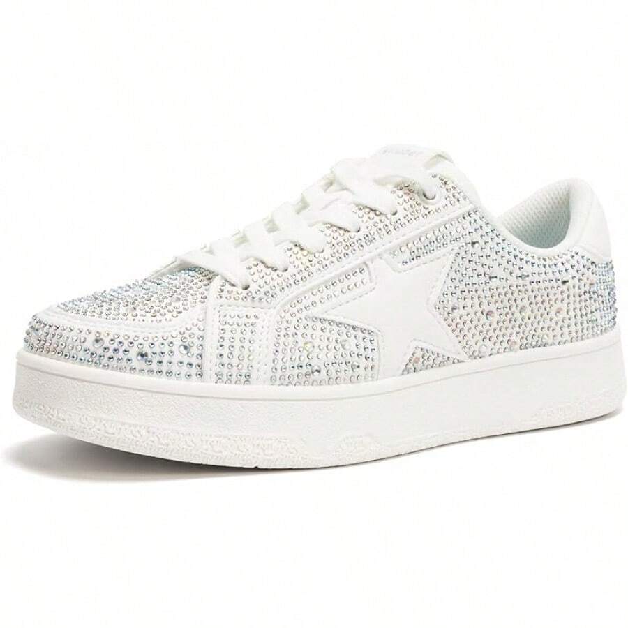 Niluber Star Sneakers For Women Low Top Cushioned White Gold Sliver Leopard Platform Sneakers Lace Up Red Glitter Platform Party ShoesChristmas - Đá Rhinestone Trắng - Xem 1