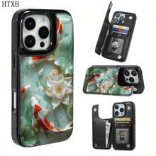 for Lotus fish pond patterned, The practical TPU phone case with pattern design features a card slot and multiple functions such as bank cards and public transportation cards. It is suitable for iPhone16promax, 16 15pro 14PLUS, 13 12Pro Max series. - ブラック - チェックする 2