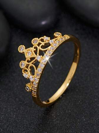 1pc Fashionable Luxurious Crown-Shaped Design, Round Synthetic Zirconia Embedded Women's Ring, Suitable For Party, Wedding, Engagement And Valentine's Day Celebration