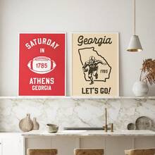 2pcs Retro Football Prints Georgia Wall Art College Sports Team Poster Football Gift For Sports Fan Wall Decor Georgia Dad Gift,Room Decoration, Home Decoration, Bedroom, Living Room And Corridor Decoration,Frame Structure