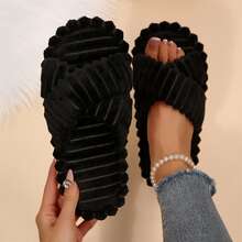 Fall Winter Womens Memory Foam Slippers Open Toe Slide Shoes For Indoor Outdoor House Cotton Fuzzy Bedroom Slippers - màu đen - Xem 4