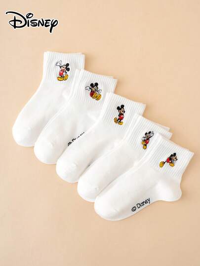 Disney 5 Pairs Kids Cartoon Style Cute Embroidered Dance Pattern Socks, Mid-Calf Socks, Sports Socks, Suitable For All Seasons, European Size, Comfortable & Breathable, Vibrant Colors, Suitable For Daily Wear, Quality Fabric, Comfortable And Carefree Wearing.