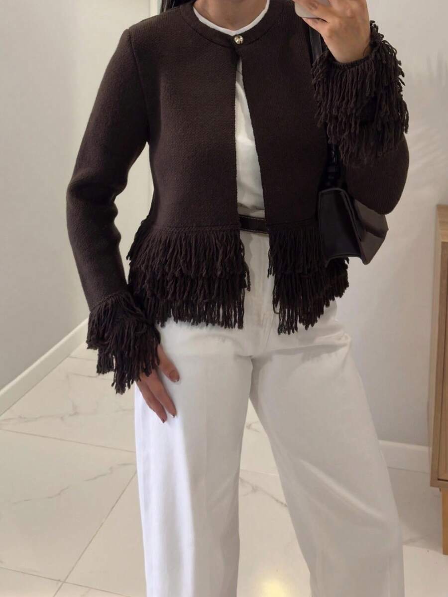 CAREE Women's Autumn/Winter Fashion Casual Minimalist Design Fringe Button Round Neck Long Sleeve Knit Cardigan - Brown - View 1