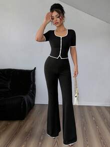 Conjunto de 2 piezas para mujer con top elegante de botones delanteros y pantalones para uso casual y de oficina - Negro - Ver 5