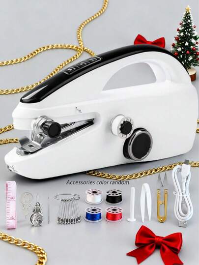 Christmas Portable Handheld Sewing Machine With Accessories, Lightweight, Fun, Fast, Easy, Space-Saving Design, Convenient And Quick Stitching, Suitable For Quick Fixes On Thin Fabric Within 2mm, Suitable For Cushions, Curtains, Clothing, Crafts, Cute Trick-Or-Treat Bags, Travel, Home And DIY Projects