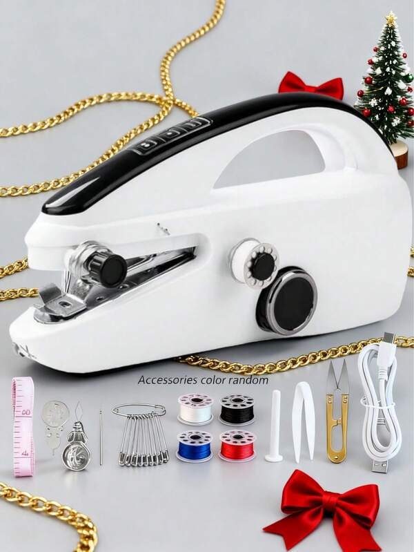 Christmas Portable Handheld Sewing Machine With Accessories, Lightweight, Fun, Fast, Easy, Space-Saving Design, Convenient And Quick Stitching, Suitable For Quick Fixes On Thin Fabric Within 2mm, Suitable For Cushions, Curtains, Clothing, Crafts, Cute Trick-Or-Treat Bags, Travel