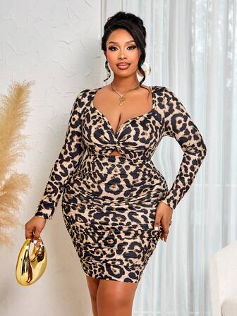 BIUBIU Plus Size Women Leopard Print Long Sleeve Sexy Mini Dress With Hollow Out & Twisted Textured Design, Fall Fashion Clothing