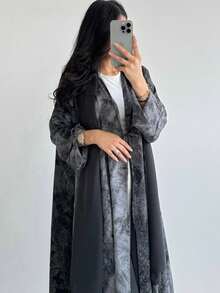1pc Fashionable Minimalist Printed Split Sleeve Tie Cuff Solid Color Middle Eastern Women Robe, Elegant Cardigan Abaya Suitable For Daily Wear & Festivals (Headscarf Not Included) - Grey - View 2