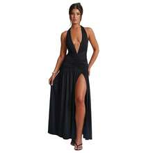 Sommer Neue Damenmode Elegantes Halter V-Ausschnitt Langkleid Sexy Elegantes Schlitz Rüschenschnitt Rückenfreies Kleid