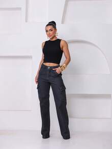 Wide Leg Cargo Jeans - Grey - View 7