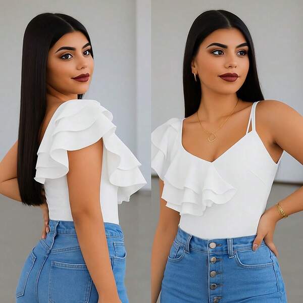 Bodysuit de olanes en el hombro, ajustado, elegante, sexy y asimétrico